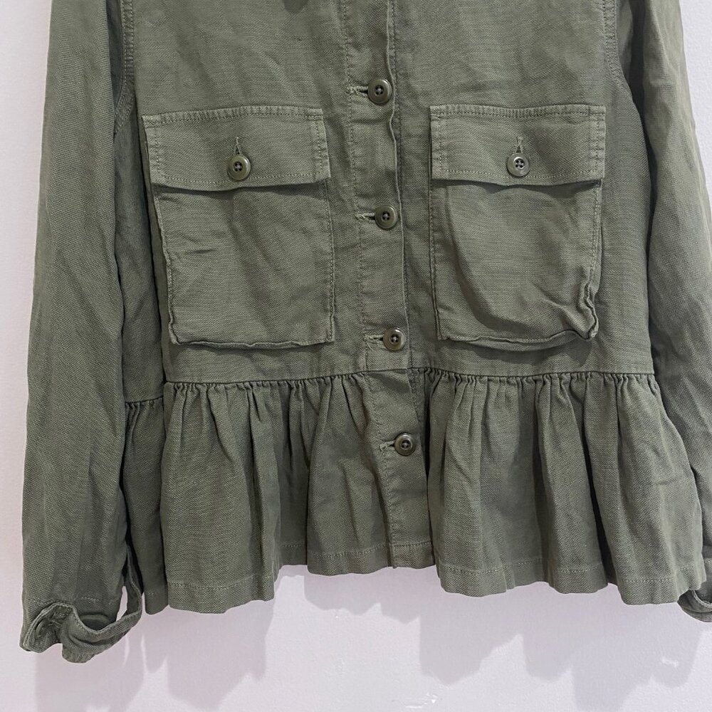 The Great Flutter Army Jacket Linen Cotton Ruffle Peplum Hem Green Sz 1 / S - Picture 6 of 13
